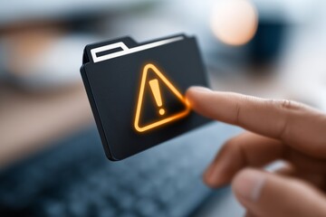 A person's hand interacting with a glowing warning symbol on a digital folder icon. Cybersecurity and data protection.