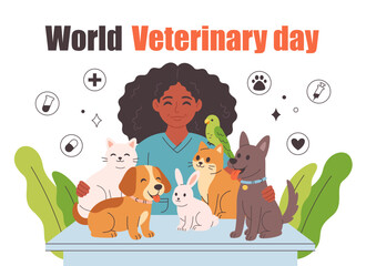 Veterinary doctor with pets. Pets in a veterinary clinic. Veterinarian day. Vector illustration in flat style