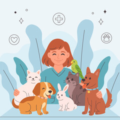 Veterinary doctor with pets. Pets in a veterinary clinic. Veterinarian day. Vector illustration in flat style