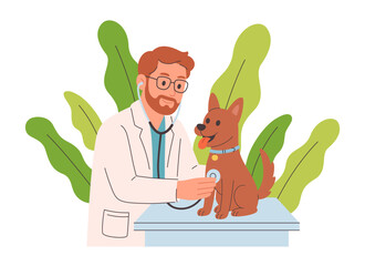 Veterinary doctor examining and cure dog. Veterinarian day. Vector illustration in flat style