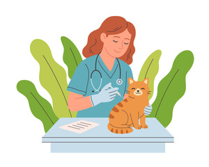 Veterinary doctor examining and cure pet in veterinarian office. Pets in a veterinary clinic. Veterinarian day. Vector illustration in flat style