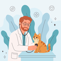 Veterinary doctor examining and cure pet in veterinarian office. Pets in a veterinary clinic. Veterinarian day. Vector illustration in flat style