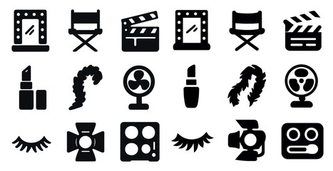 Beauty and cinema solid icons set – makeup, movie, silhouette symbols