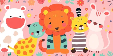 Whimsical animal friends in vibrant hues, playful patterns, suitable for nursery,  illustration,  happiness