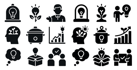Fototapeta premium Business and innovation solid icons set – silhouette, filled, idea and growth symbols