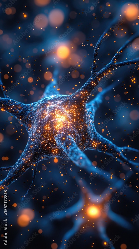 Poster glowing neural network structure with data flow lines