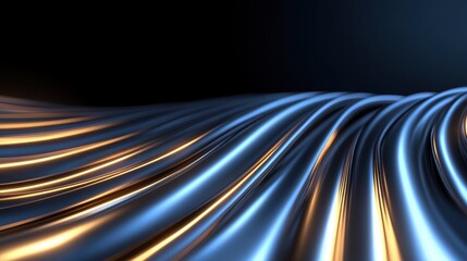 Abstract metal wave design with blue and gold lighting on black background for a futuristic aesthetic.