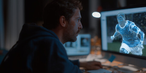 A man analyzing a soccer player on a computer screen, likely for game analysis and strategy