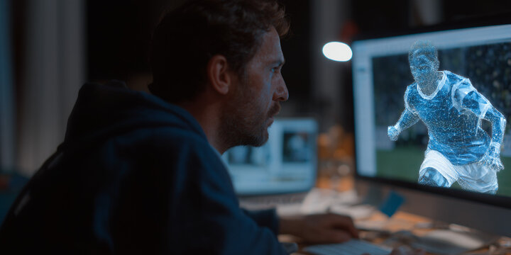 A man analyzing a soccer player on a computer screen, likely for game analysis and strategy 