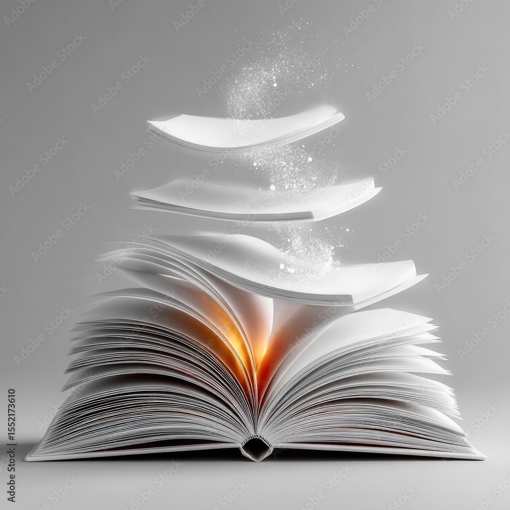 Poster glowing open book with flying pages and subtle sparkles on grey background