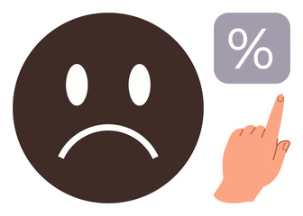 Sad face highlights unhappiness while finger points to percentage box, symbolizing dissatisfaction, failure, or disappointment. Ideal for feedback, rating, financial loss, customer dissatisfaction