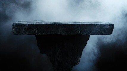 Stone bench in a foggy area
