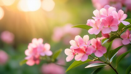 Fototapeta premium pink flowers with green leaves in soft blurred background outdoors