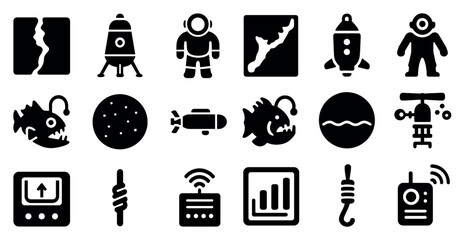 Space exploration silhouette icons set &ndash; filled, solid, astronaut and space travel graphics