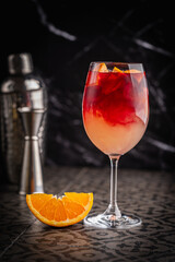 Glass of red wine spanish famous traditional fruity sangria gourmet cocktail or vino de verano, tinto de verano drink. High quality photo