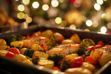 Festive baked salmon and vegetables with holiday lights in background