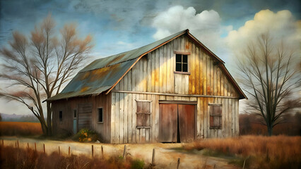 Obraz premium Rustic wooden barn with aging weathered wood siding in a rural autumn setting. Tranquil scene with bare trees and golden-hued grasses. an artistic depiction of a countryside property.