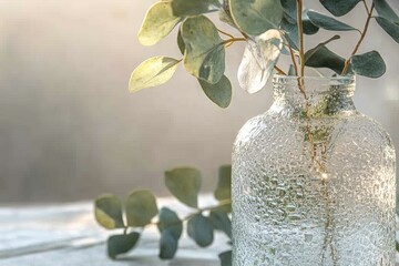 Sunlit eucalyptus leaves in textured glass vase
