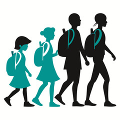 Children returning from school silhouette vector art illustration