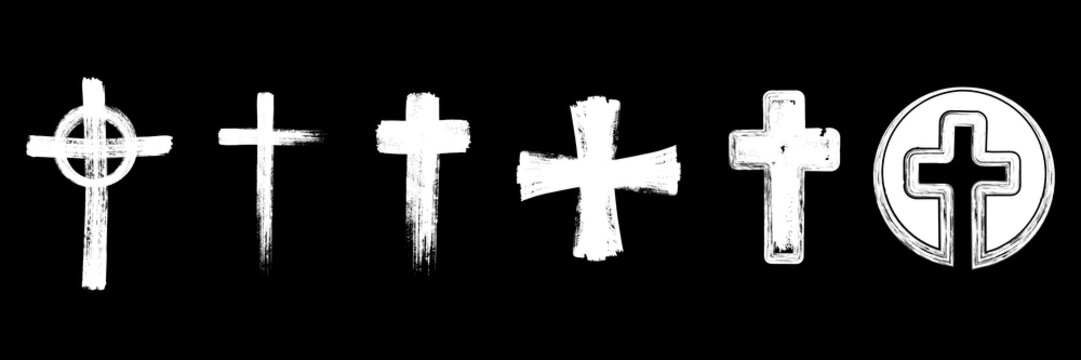 Spray paint graffiti element set of Christian cross with grungy texture. Grunge ink graphic symbols of church isolated on black background for printing on t shirt