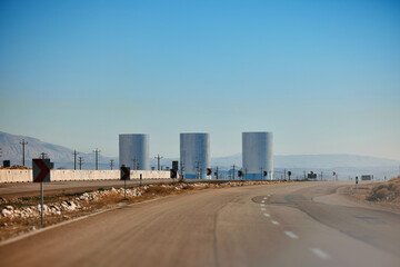 Shiraz power station, extraction of electricity in the desert. Combine Cycle Power Plant, Combined Heat and Power. Cooling towers of a thermal power plant. Iran's energy sector.