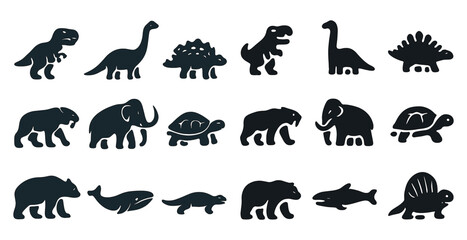 Dinosaur and prehistoric solid icons set &ndash; filled, flat, ancient creature symbols