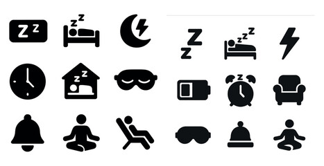 Sleep and relaxation icons set – solid, silhouette, bedtime and meditation symbols