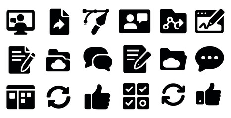 Communication and collaboration icons set – solid, filled, digital and social media graphics
