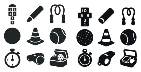 Sports equipment solid icons set – filled, fitness, training essentials