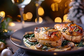 Delicious herb-crusted chicken with mushroom and spinach
