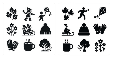 Fototapeta premium Winter activities silhouette icons set – solid, filled, cold season symbols