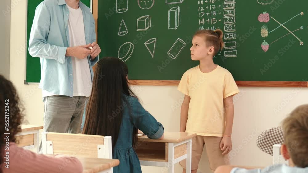 Aufkleber professional teacher talking and explain idea to asian child during class. caucasian student listeni