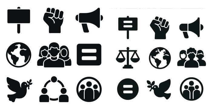 Social justice solid icons set – filled, silhouette, equality and activism symbols