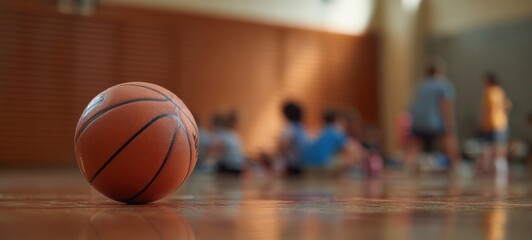The basketball resting on the court during a youth training session.