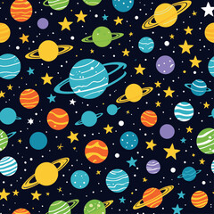 A whimsical pattern of planets and stars against a dark space background