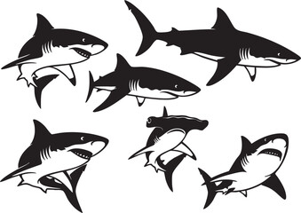 Vector illustration depicting diverse shark species in bold black and white silhouettes