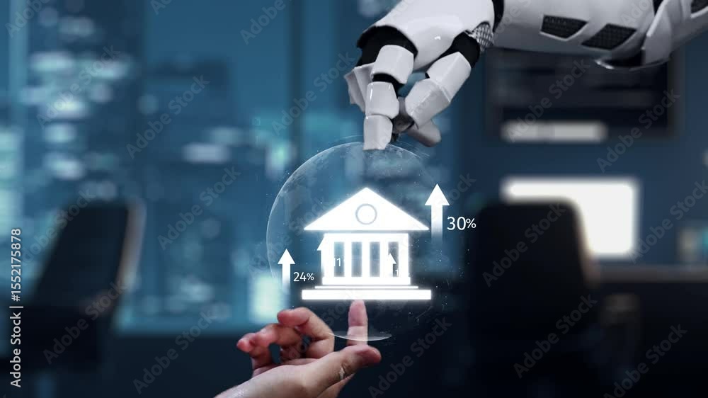 Poster a visual representation of human-robot interaction in a digital banking setting, emphasizing financi