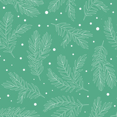 Seamless vector pattern of fir tree branches in white outline and snow on green-blue background