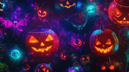 Group of jack-o-lanterns with lit up faces for Halloween decorations or themed events