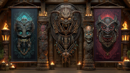 Bamboo frames with tiki masks, old parchment and burning torches, tribal wooden totems, hawaiian or polynesian style borders for hut bar signboard, Cartoon vector illustration, banners or posters set