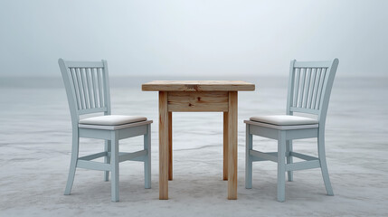 Lonely seaside serenity, a weathered table and chairs 