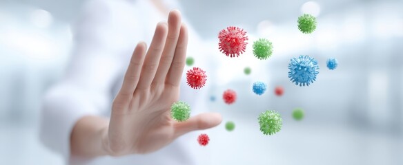 The hand demonstrates protection against harmful viruses in a clean environment.