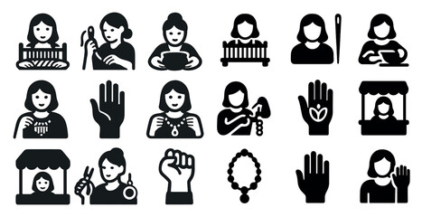 Woman empowerment solid icons set – silhouette, filled, feminist and equality symbols