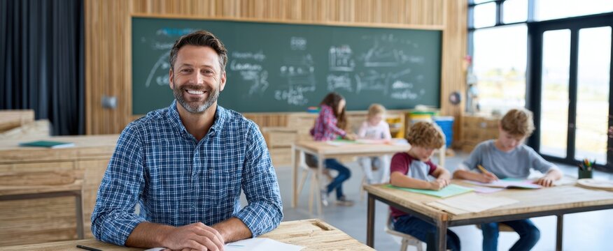 The smiling teacher guiding students in a bright, modern classroom setting. - Powered by Adobe