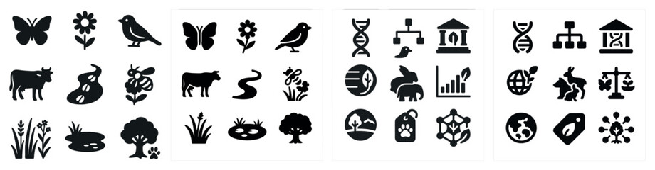 Nature and science icons set – silhouette, solid, biology and eco symbols