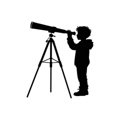 Child Astronomer Silhouette: A curious child gazes through a large telescope, silhouetted against a clean background, symbolizing discovery and wonder. 