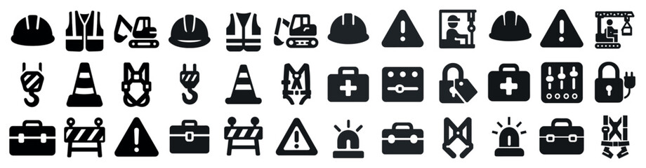 Construction and safety solid icons set – filled, caution, industrial symbols