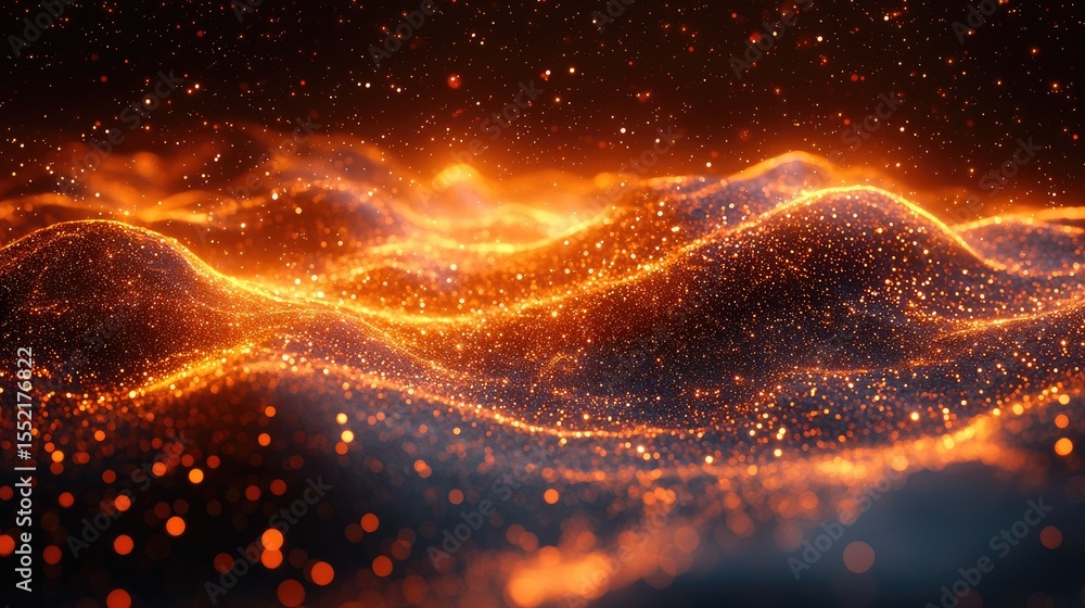 Poster glowing orange particle wave abstract data visualization