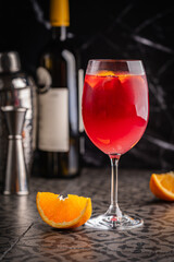 Glass of red wine spanish famous traditional fruity sangria gourmet cocktail or vino de verano, tinto de verano drink. High quality photo