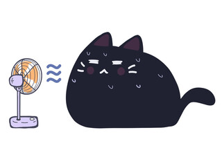 Black cat sitting with fan